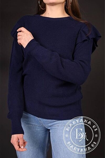 Стильный свитер с рюшами / темно-синий