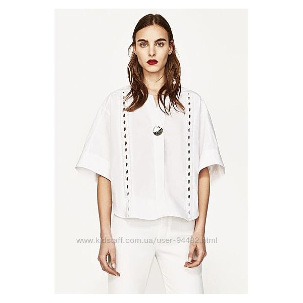Zara стильная белая  рубашка оверсайз с вставками из шитья