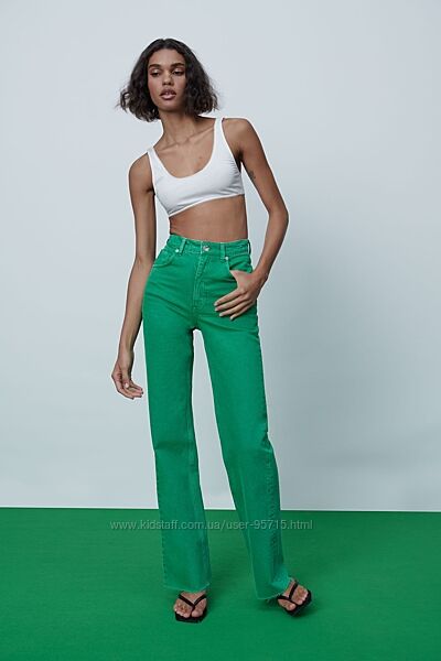 Ровные широкие джинсы полной длины с высокой посадкой Zara - 40 - Зеленые