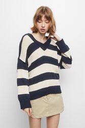 Полосатый свитер оверсайз с V-образным вырезом Pull&Bear - XS-S, M-L