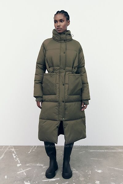 Теплое стеганое пальто пуховик Zara - S, L  Хаки
