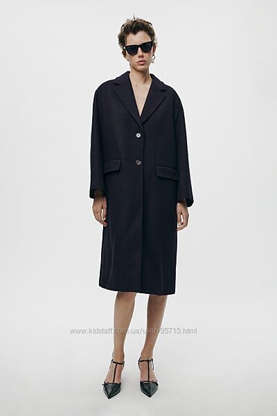 Темно-синє пальто оверсайз зі змішаної вовни Zara - М-L