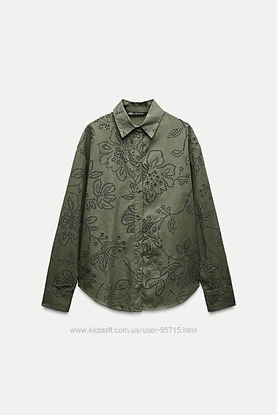 Бавовняна сорочка хакі з прорезиненою вишивкою Zara - S, M, XL