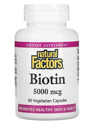 Natural factors, biotin, 5,000 mcg, 60 шт , біотин , від випадан