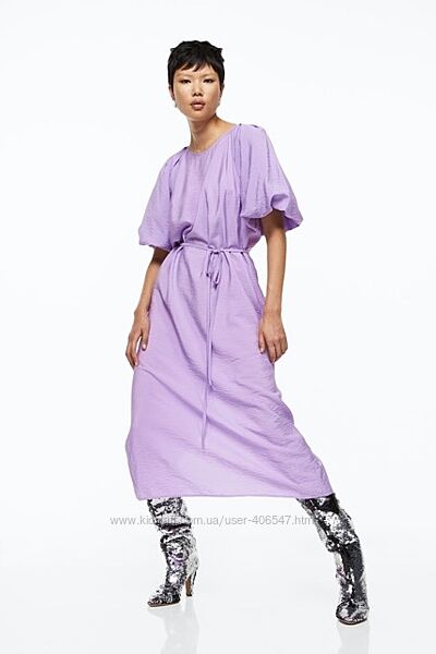 Трендова віскозна сукня міді з пишними рукавами бузкового кольору hm, l