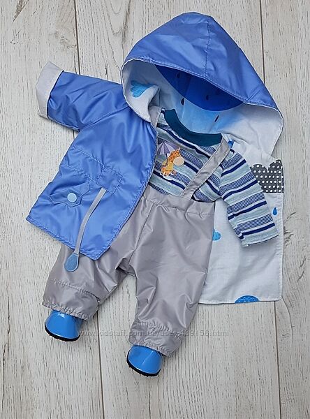 Блакитний дощовик для ляльки BabyBorn43см з комбінезоном, шапкою, чобітками