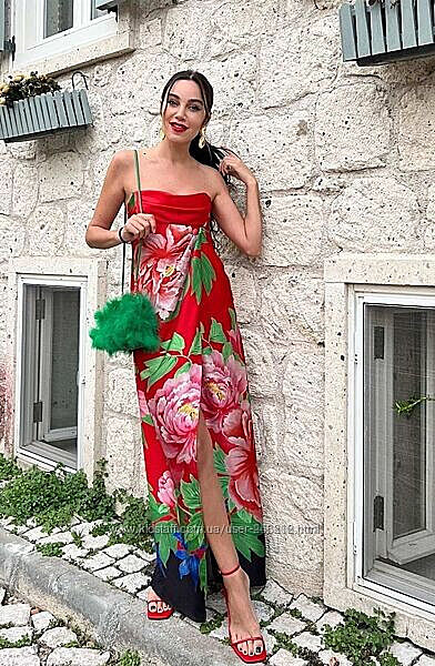 Zara атласне плаття сарафан макси кітковий принт XS розмір  Нове
