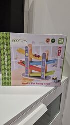 Деревяний ігровий набір Ecotoys -швидкісний спуск з машинками як новий