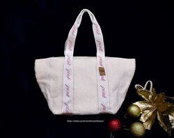 Біла сумка шерпа, овчина, тоут, шоппер victoria&acutes secret pink, вікторі