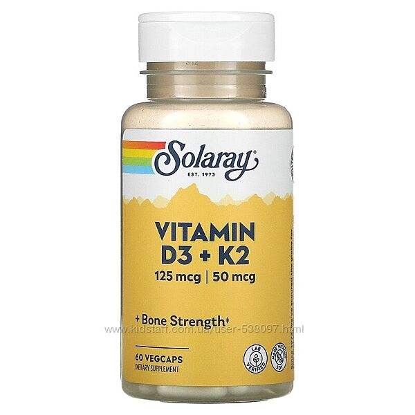 Solaray витамины D3 и K2 без сои. 5000 МЕ, 60 растительных капсул.