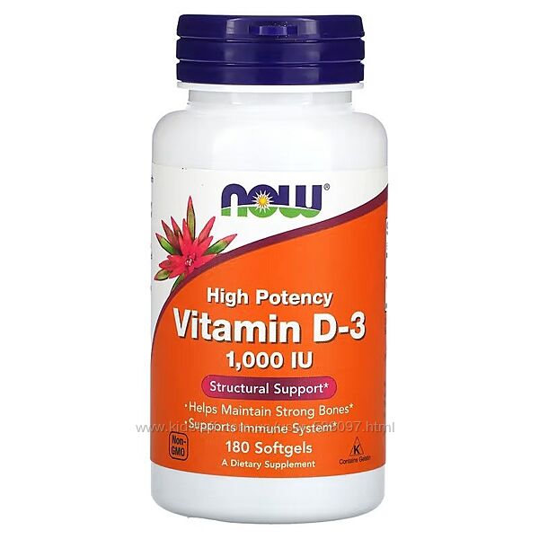 NOW Foods витамин D3 высокоактивный. 1000 МЕ, 180 мягких таблеток