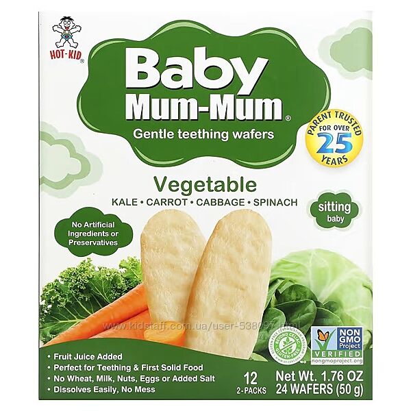 Hot Kid Baby Mum-Mum вафли для мягкого прорезывания зубов. 12 пакетиков