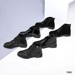 Женские ботинки со шнурком из натуральной замши, кожи черного цвета