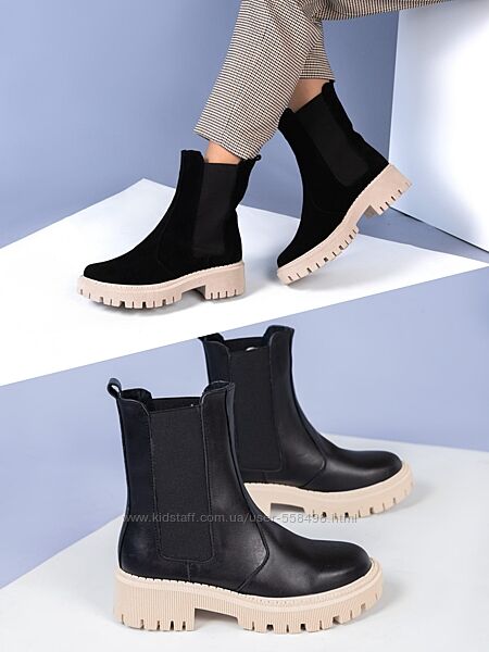 Чорні черевики челсі на світлій підошві, шкіра та замш