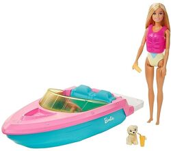 Кукла Barbie Барби в купальнике и лодка, спасательный жилет и щенок GRG30