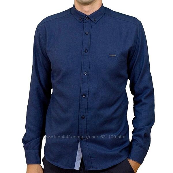 Ramss, якісна турецька чоловіча сорочка однотонного синього кольору 