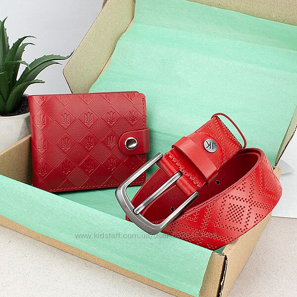 Подарунковий шкіряний жіночий набір гаманець та ремінь червоний