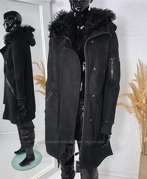 Чорна натуральна дублянка в стилі sport-шик, М/Л