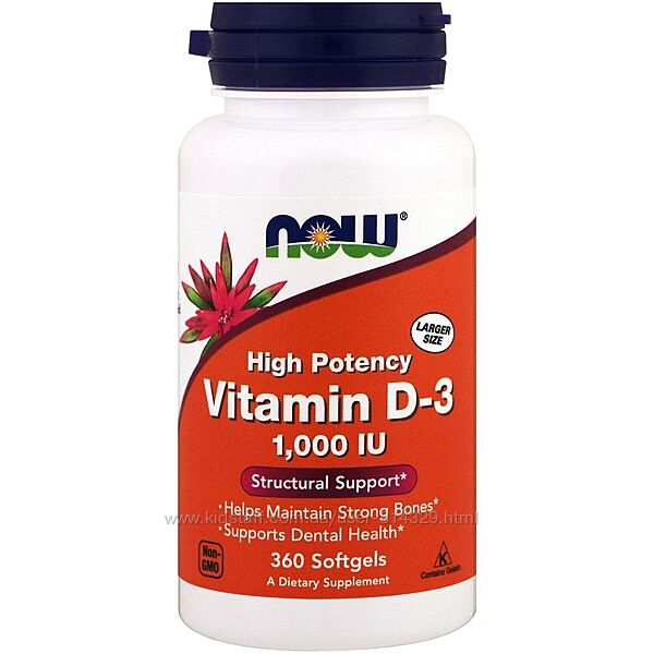 NOW Foods, витамин D3, 25 мкг 1000 МЕ, 360 капсул
