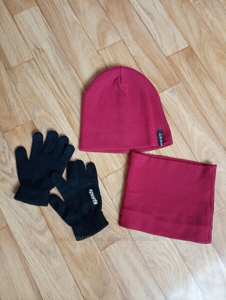 Комплект шапка, шарф снуд та теплі перчатки на 8-10 років