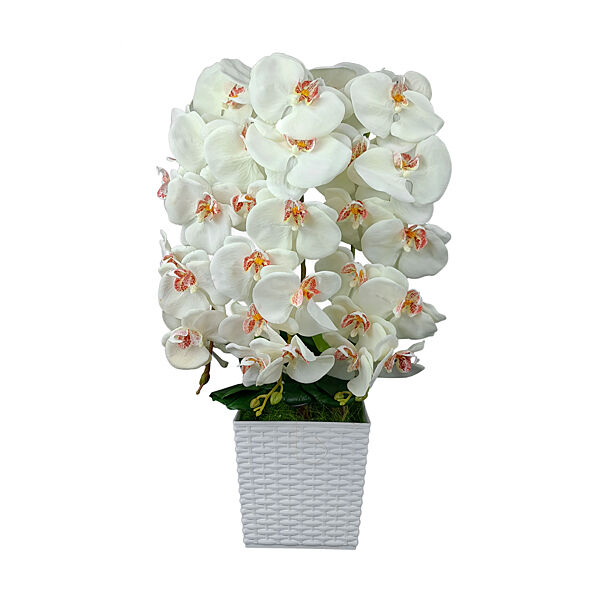 Штучна біла орхідея з червоною серединкою в білому кашпо 64 см CLN-018