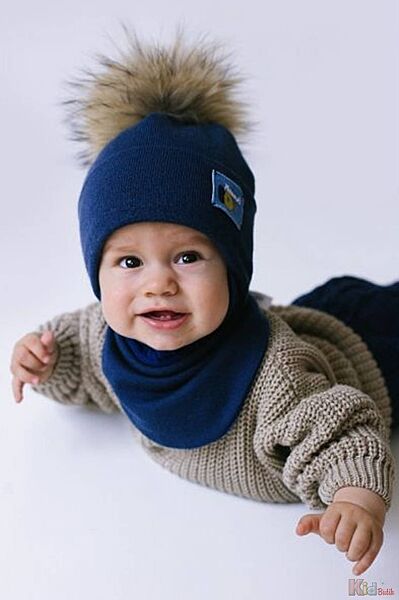 Набір шапка  хомут Рожден синього кольору для хлопчика Дембохауc