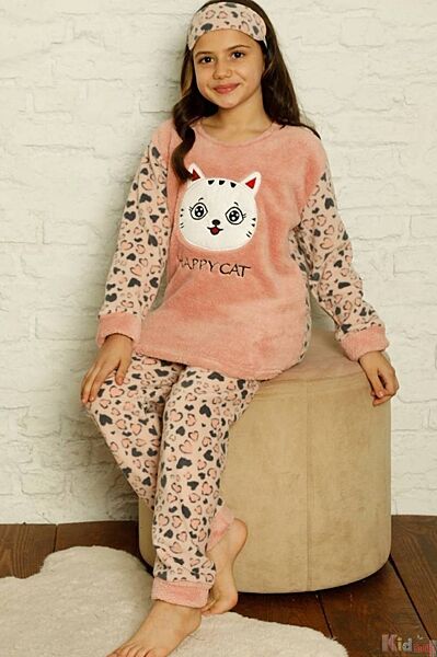 Піжама 3-а утеплена персикова Кіт для дівчинки Minimoon