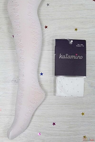 Колготки білі з візерунком і стразами для дівчинки 7 - 8 років Katamino