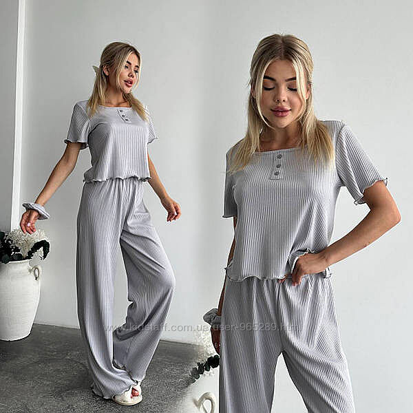 Жіночий трикотажний домашній костюм в рубчик різні кольори 42-52 розміри 