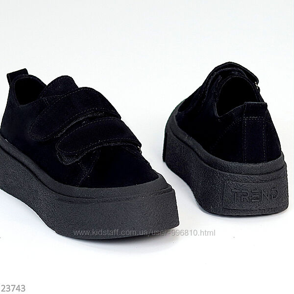 Модні чорні кеди замшеві на липучках натуральна замша на платформ