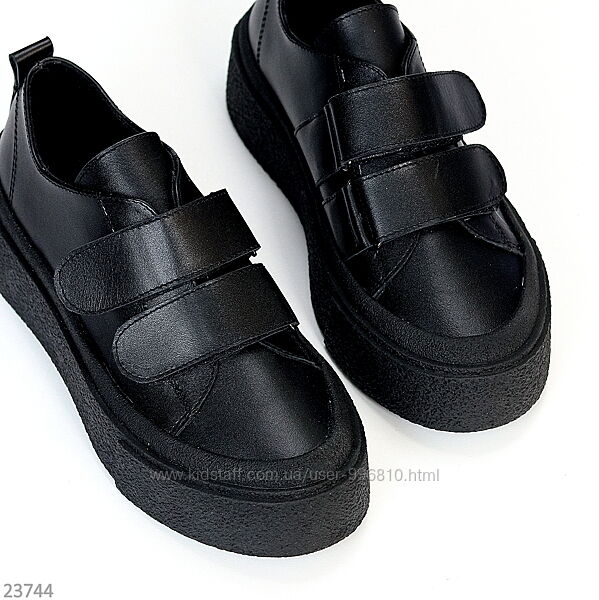 Модні чорні шкіряні кеди на липучках натуральна шкіра на платформі