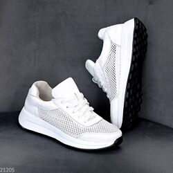 Білі шкіряні літні кросівки натуральна шкіра з текстильною сіткою 21205