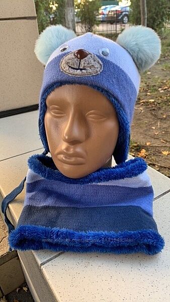 Зимний комплект для мальчика со снудом зимняя шапка на завязках