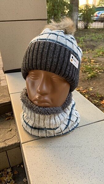 Зимний комплект шапка снуд 50-54, теплая шапка для мальчика