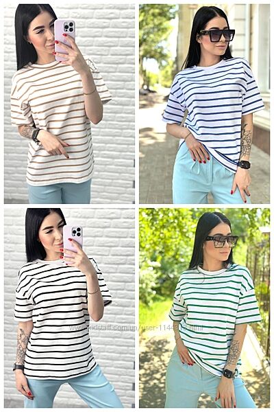 Жіноча подовжена футболка в смужку від 42 до 52 розміру