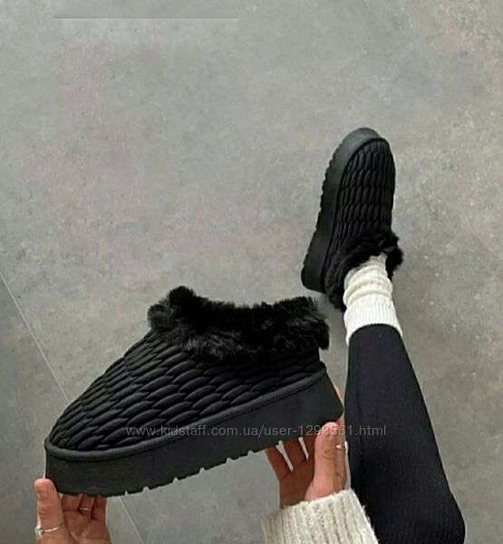 Черные угги лоферы с мехом зимние короткие