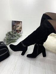 Женские ботфорты Kluchini 3766 чёрные зима евро-мех замша натуральная