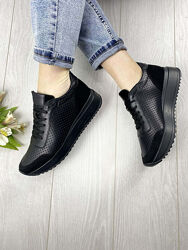 Кроссовки женские EMELI 915/2 ST чёрная кожачёрная перфар весна-осень натур