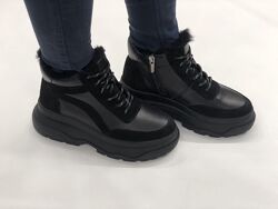Кроссовки женские EMELI 3277 чёрные зима кожа натуральная