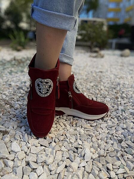 Ботинки женские VEAGIA Y1012-3 бордовые весна-осень эко-замш