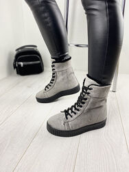 Ботинки женские 16387-9 серые зима эко-замш