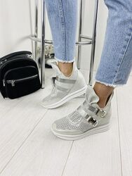 Сникерсы женские DE MARKO 7001 белое серебро  весна-лето кожа натуральная