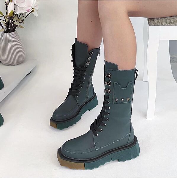 Ботинки женские VB433 зелёные зима кожа натуральная