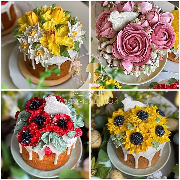 Кружевной кулич с цветами и пряничными голубями - Надежда Коломейцева