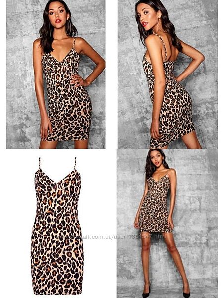 Брендовое леопардовое платье мини в обтяжку с декольте Boohoo, 12 размера.