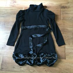 Платье миди черное теплое вязаное шерстяное с атласным поясом разм. 40-42