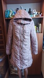 Пальто демисезонное длинное на синтепоне с глубоким капюшоном l