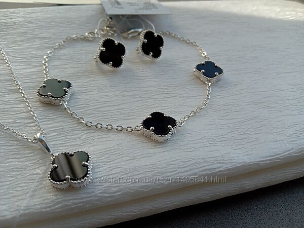 Набір комплект сережки браслет підвіс кулон Van Cleef Ван Кліф онікс