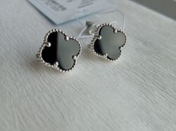 Серебряные серьги аглийский замок оникс Van Cleef Ван Клиф черн клевер