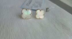 Серебряные серьги гвоздики пусеты Van Cleef Ван Клиф белый перламутр